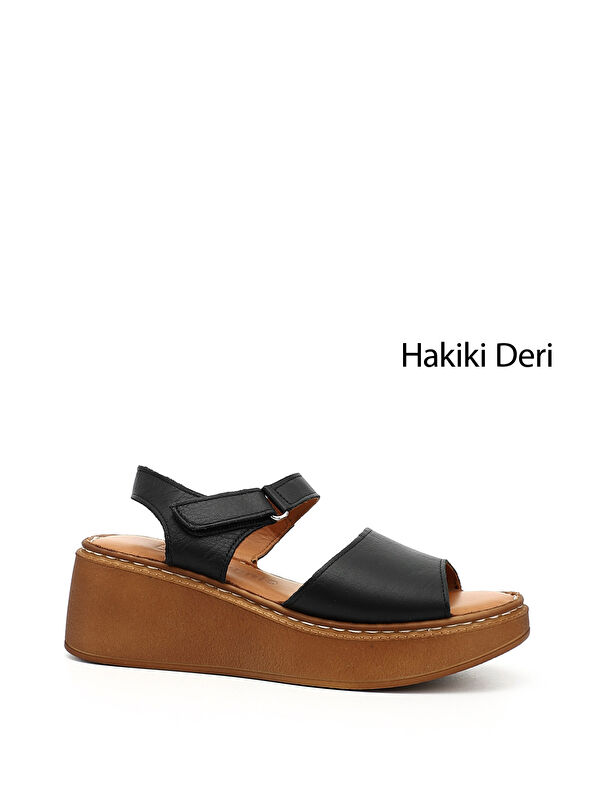 GÖNDERİ(R) Kadın ZÜMRÜT-SİYAH Dolgu Taban Hakiki Deri Sandalet