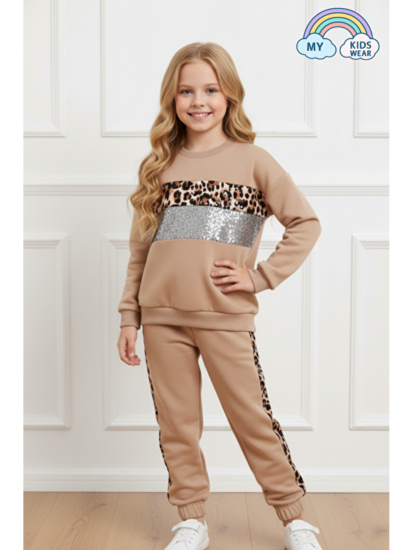 My Kids Wear Kız Çocuk Leopar Şeritli Eşofman Takımı 3-14 Yaş 12272