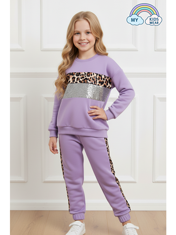 My Kids Wear Kız Çocuk Leopar Şeritli Eşofman Takımı 3-14 Yaş 12271