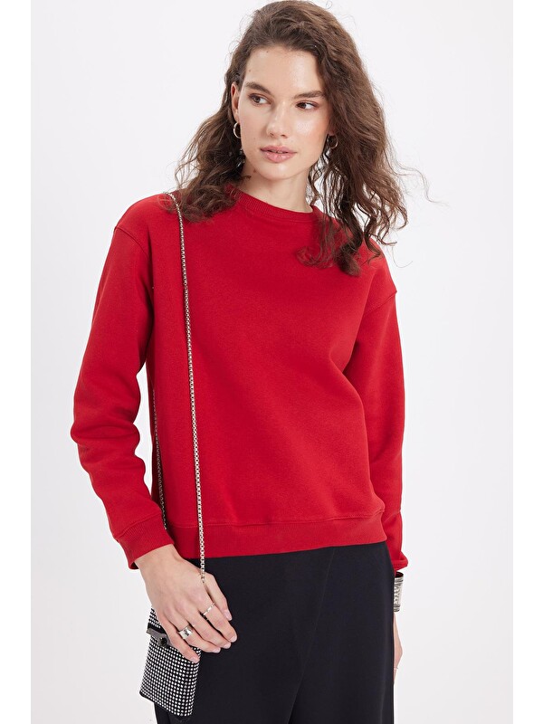 TUDORS Kadın Oversize Geniş Kesim Pamuklu Bisiklet Yaka Kırmızı Sweatshirt