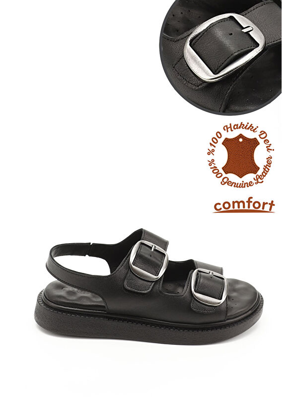 GÖNDERİ(R) Kadın ZÜMRÜT-SİYAH Cırtlı Tokalı Hakiki Deri Comfort Sandalet