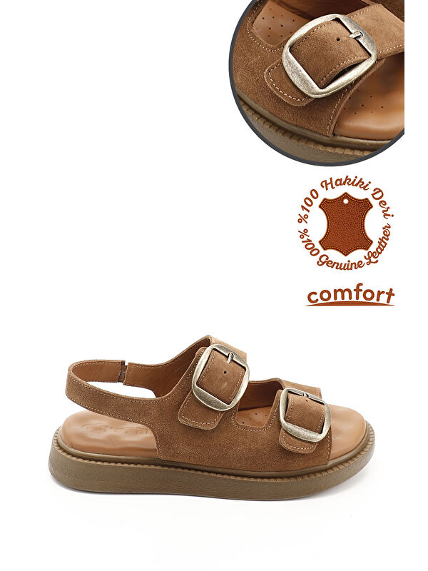 Kadın TABA KAHVE MEL. Cırtlı Tokalı Hakiki Deri Comfort Sandalet - Görsel 2