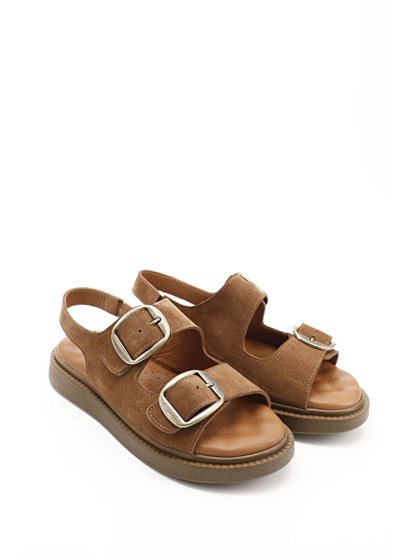 Kadın TABA KAHVE MEL. Cırtlı Tokalı Hakiki Deri Comfort Sandalet - Görsel 3