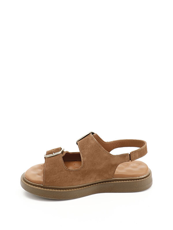 Kadın TABA KAHVE MEL. Cırtlı Tokalı Hakiki Deri Comfort Sandalet - Görsel 4