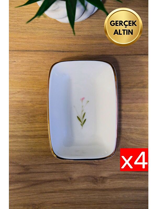 TABAK EVİ Porselen Natura Çuha Altın Yaldızlı Dikdörtgen Kayık Tabak 12x8,50cm 4 lü