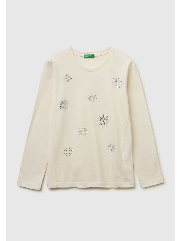 United Colors Of Benetton Kız Çocuk Ekru Önü Kristal Aplikeli Regular Fit Jarse Uzun Kollu T-shirt