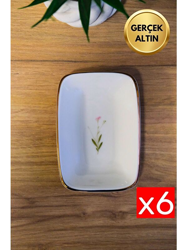TABAK EVİ Porselen Natura Çuha Altın Yaldızlı Dikdörtgen Kayık Tabak 14X9,8cm 6 lı