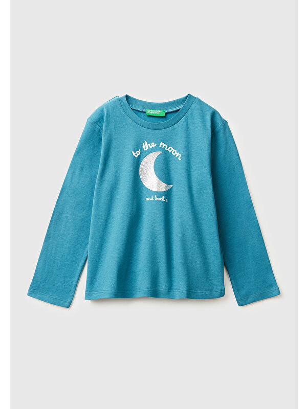 United Colors Of Benetton Kız Çocuk Petrol Mavisi Simli Baskılı Bisiklet Yaka Regular Fit Uzun Kollu T-shirt