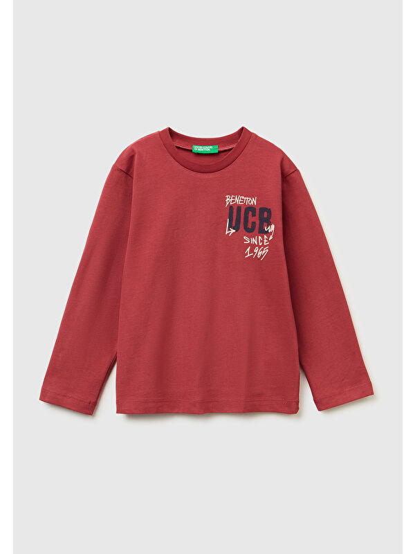 United Colors Of Benetton Erkek Çocuk Bordo Önü Logo Baskılı Jarse Uzun Kollu T-shirt