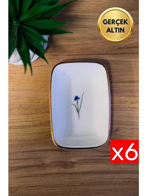 TABAK EVİ Porselen Natura İris Altın Yaldızlı Dikdörtgen Kayık Tabak 12x8,50cm 6 lı