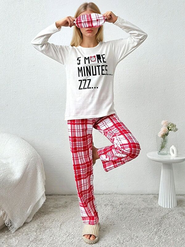 carla10 Baskılı Uzun Kollu Üst Kırmızı Kareli Pijama Takımı