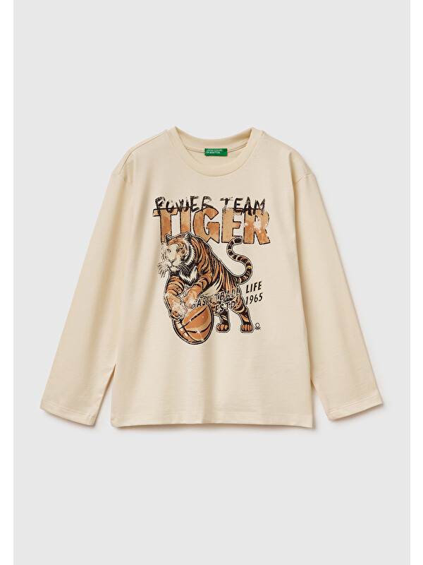 United Colors Of Benetton Erkek Çocuk Krem Baskılı Jarse Bisiklet Yaka Uzun Kollu T-shirt