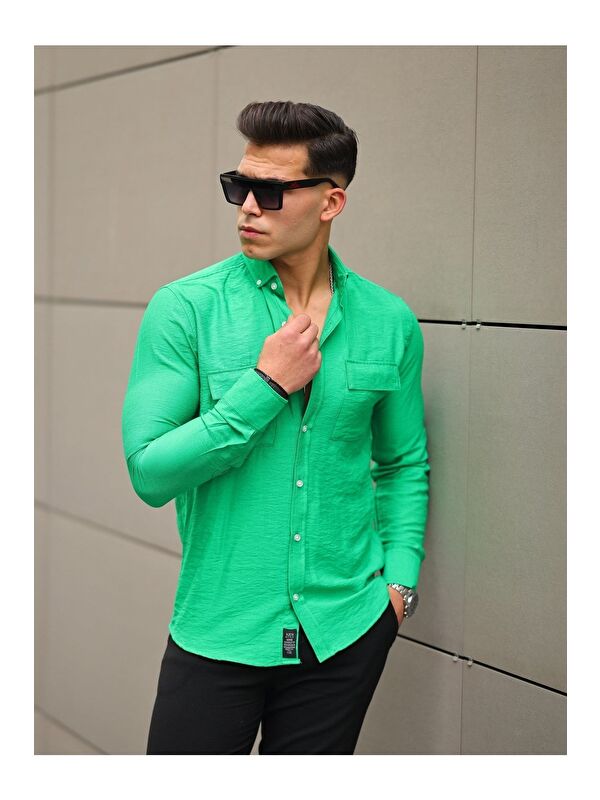Comstar Erkek A Kalite Keten Slim Fit Uzun Kol Çift Kapaklı Gömlek