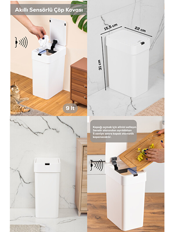 Porsima Me-06 Hareket Sensörlü Sessiz Kapatma Çöp Kutusu Banyo Mutfak Banyo Çöp Kovası 2 adet AA Pil 9LT