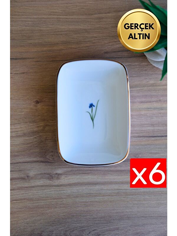 TABAK EVİ Porselen Natura İris Altın Yaldızlı Dikdörtgen Kayık Tabak 14X9,8cm 6 lı