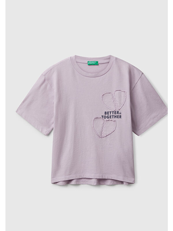 United Colors Of Benetton Kız Çocuk Lila Önü Baskılı Aplikeli Ribana Yakalı Relaxed Fit T-shirt