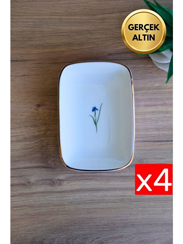 TABAK EVİ Porselen Natura İris Altın Yaldızlı Dikdörtgen Kayık Tabak 14X9,8cm 4 lü