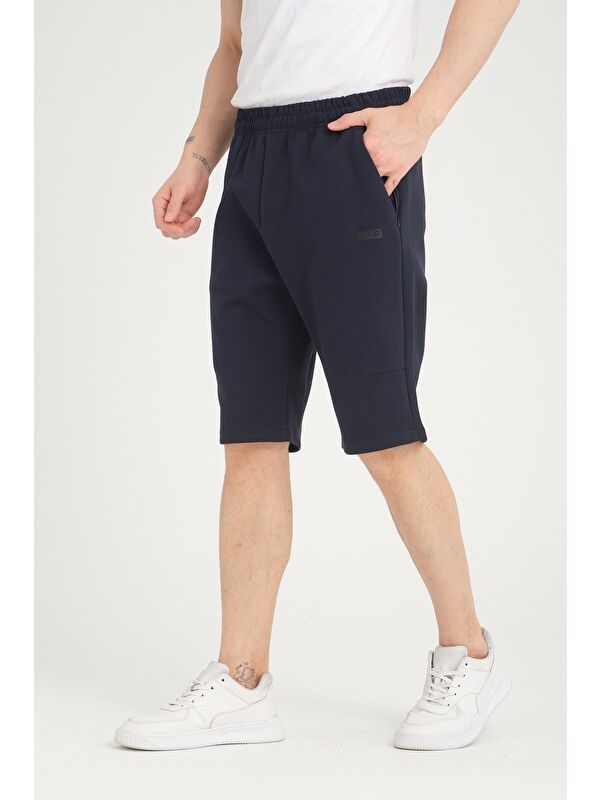 Shooter Sportswear Lacivert Erkek Şort Minimal Baskı Detaylı Gizli Fermuar Cep Regular Kalıp