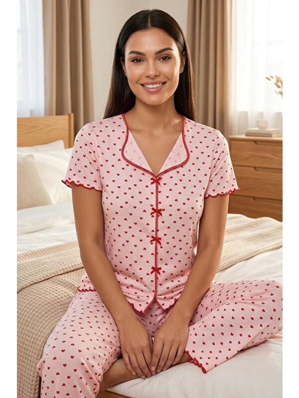 C&City Fiyonk Detay Yumuşak Kısa Kol Pijama Takım Pembe Kalp