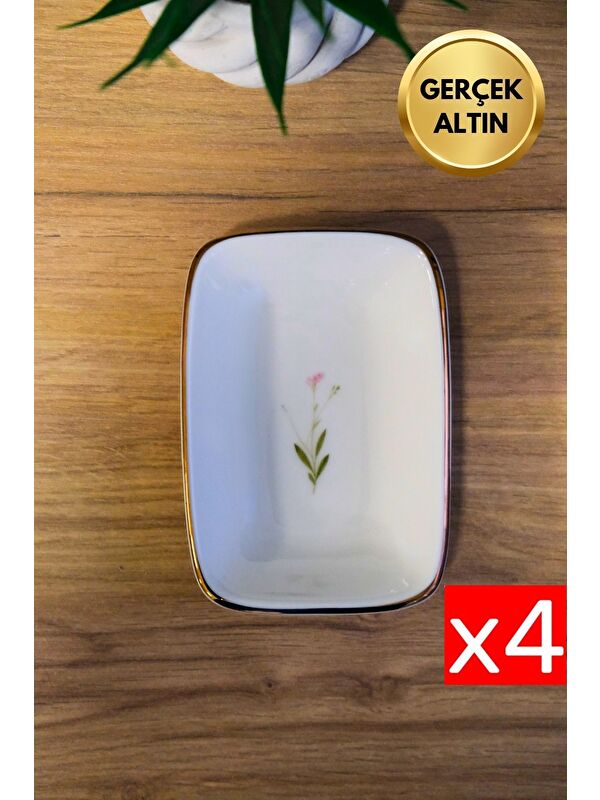 TABAK EVİ Porselen Natura Çuha Altın Yaldızlı Dikdörtgen Kayık Tabak 14X9,8cm 4 lü