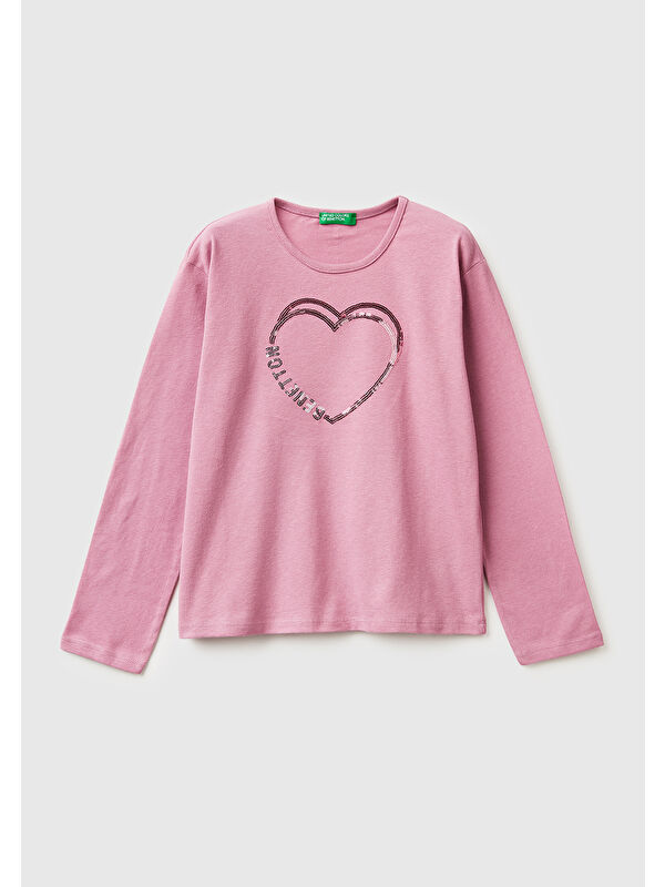 United Colors Of Benetton Kız Çocuk Gül Kurusu Grafik Payet İşlemeli Regular Fit Jarse Uzun Kollu T-shirt