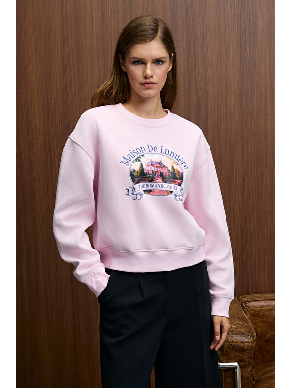 GRIMELANGE TALMERA Kadın Önü Baskılı Yuvarlak Yaka PEMBE Sweatshirt