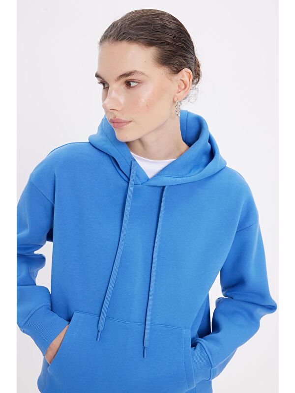 TUDORS Kadın Oversize Geniş Kesim Pamuklu Yumuşak Dokulu İçi Polarlı Basic Mavi Kapüşonlu Sweatshirt