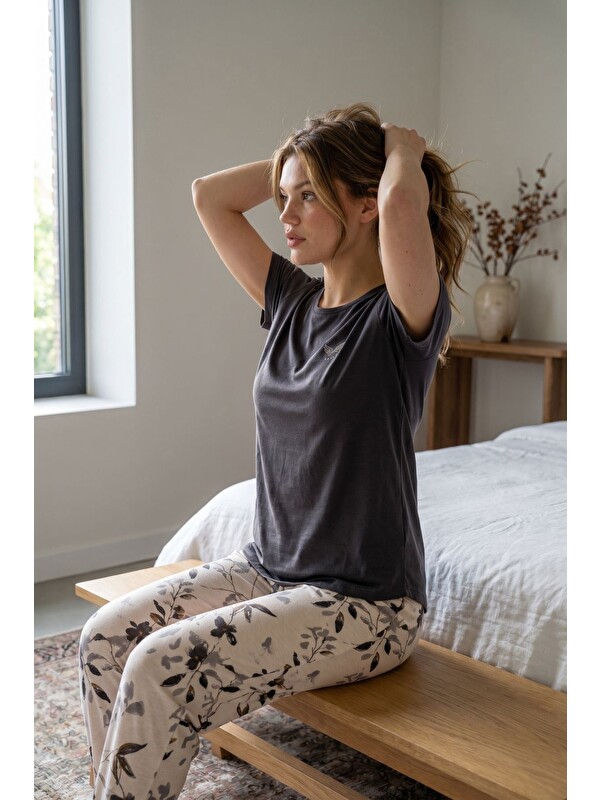 C&City Yuvarlak Yaka Kısa Kollu Pijama Takımı Gri-512225