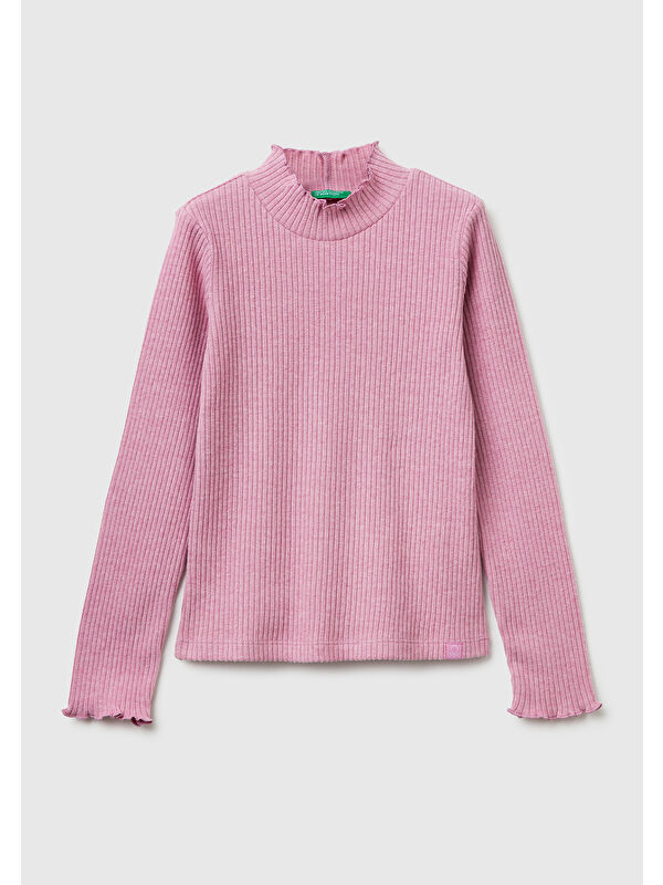 United Colors Of Benetton Kız Çocuk Pembe Logo Etiketli Fırfır Detaylı Bebe Yaka Uzun Kollu T-Shirt