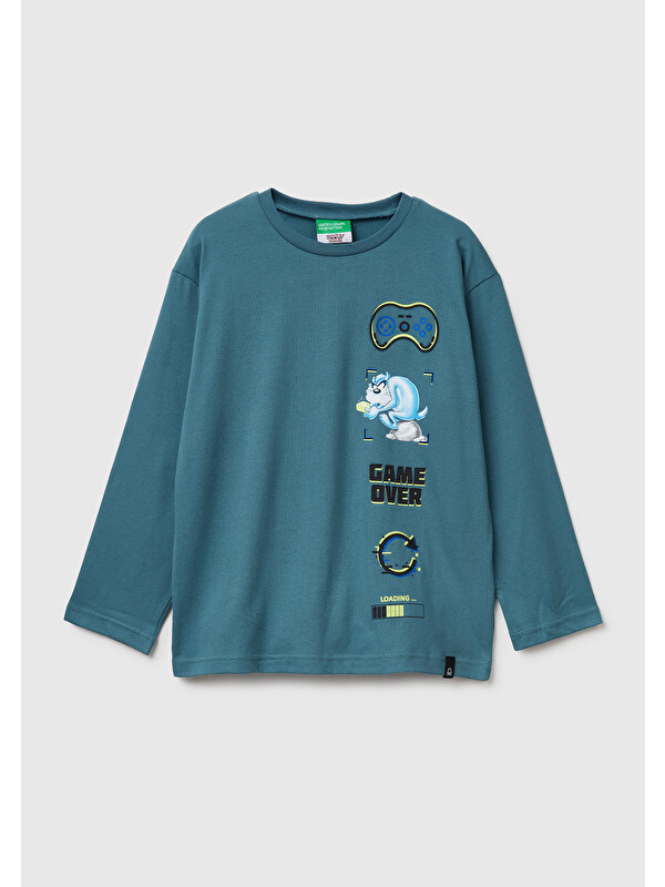 United Colors Of Benetton Erkek Çocuk Gri-Yeşil Tazmanya Baskılı Jarse Kabartmalı Uzun Kollu T-shirt