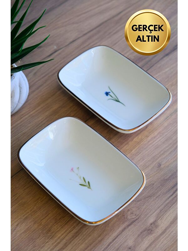 TABAK EVİ Porselen Natura Karma Altın Yaldızlı Dikdörtgen Kayık Tabak 14X9,8cm 2 Parça