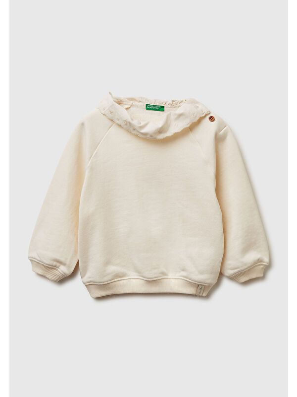United Colors Of Benetton Kız Çocuk Ekru Logo Etiketli İşlemeli Yakalı Reglan Kol Ribanalı Sweatshirt