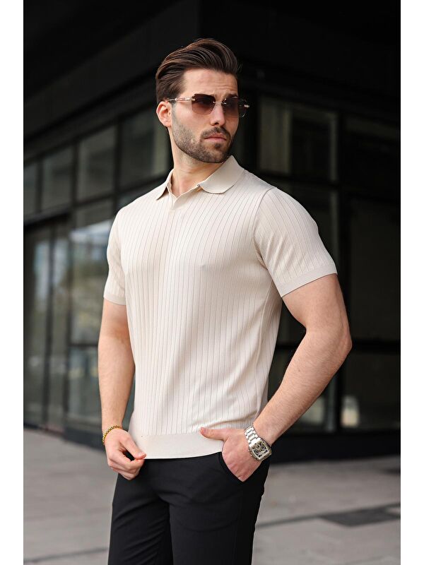 Madmext Taş Rengi Polo Yaka Triko Erkek Tişört E7461