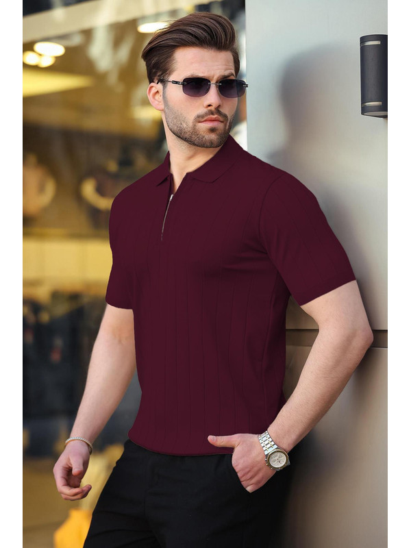 Madmext Mürdüm Polo Yaka Fermuarlı Erkek Tişört E7298