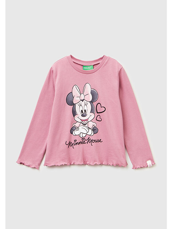 United Colors Of Benetton Kız Çocuk Gül Kurusu Önü Baskılı Kol Ucu Etiket Detaylı Uzun Kollu T-shirt