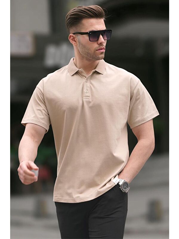 Madmext Bej Polo Yaka Basic Erkek Tişört 6126