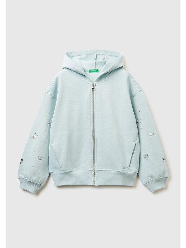 United Colors Of Benetton Kız Çocuk Su Yeşili Kristal Aplikeli Logo Detaylı Fermuarlı Kapüşonlu Sweatshirt