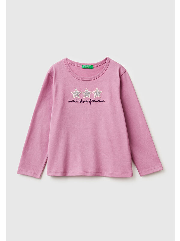 United Colors Of Benetton Kız Çocuk Gül Kurusu Baskılı Payetli Regular Fit Uzun Kollu T-shirt