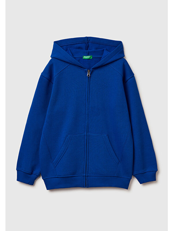 United Colors Of Benetton Erkek Çocuk Saks Mavisi Baskılı Cepli Fermuarlı Kapüşonlu Sweatshirt