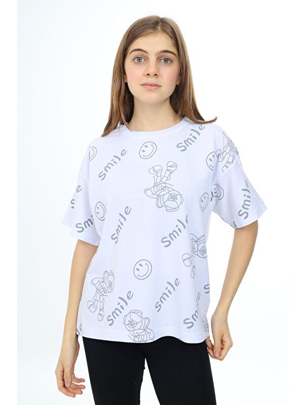Pengai Beyaz Smile Baskılı Bisiklet Yaka Kız Çocuk T-shirt 17765