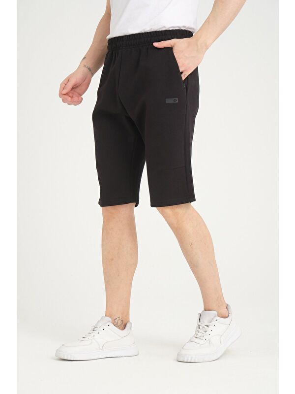 Shooter Sportswear Siyah Erkek Şort Minimal Baskı Detaylı Gizli Fermuar Cep Regular Kalıp