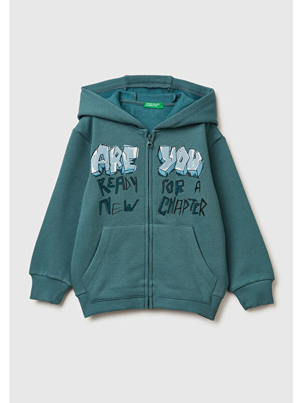 United Colors Of Benetton Erkek Çocuk Gri-Yeşil Arkası Baskılı Fermuarlı Ribanalı Kapüşonlu Sweatshirt