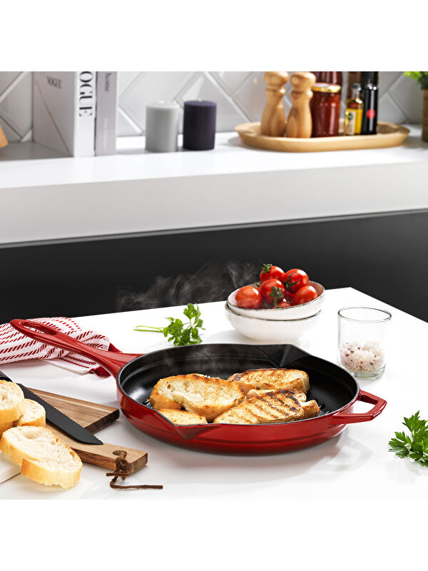 SCHAFER Guss Chef Döküm Yuvarlak Grill Tava 28Cm-1 Parça-Kırmızı