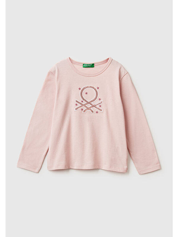 United Colors Of Benetton Kız Çocuk Toz Pembe Baskılı Payetli Regular Fit Uzun Kollu T-shirt
