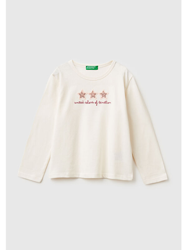 United Colors Of Benetton Kız Çocuk Ekru Baskılı Payetli Regular Fit Uzun Kollu T-shirt