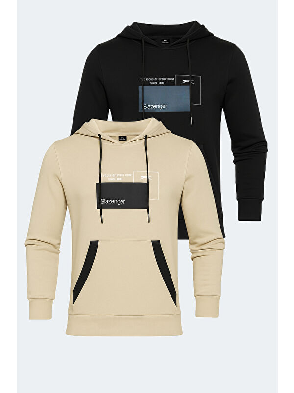 SLAZENGER VANDA 2 li set Erkek Kanguru Cepli Kapüşonlu Siyah - Bej Sweatshirt