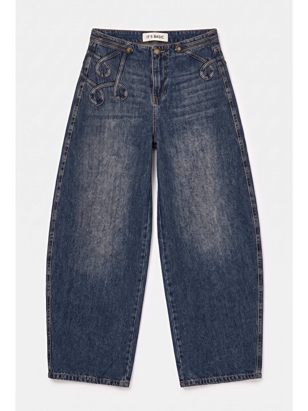 It's Basic Kadın Koyu Jean 4w6-8 Barrel Fit Bol Kesim Nakış Detaylı Tasarım Denim Jean