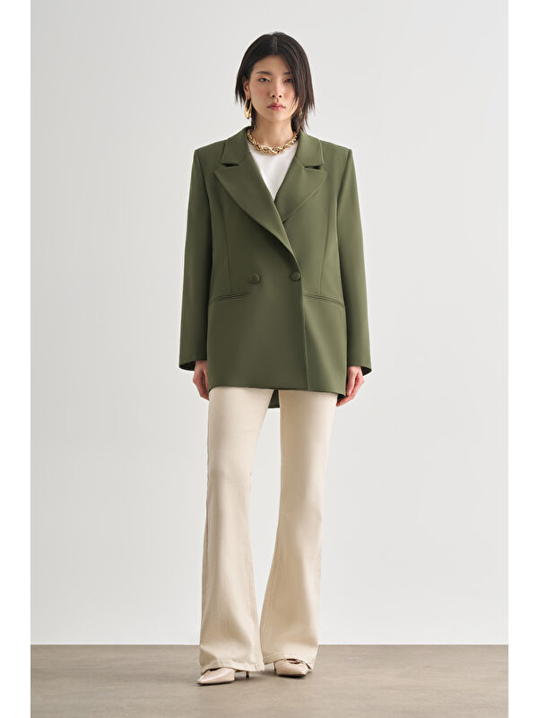 Mizalle Oversize Çift Yırtmaçlı Haki Blazer Ceket