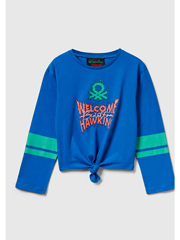 United Colors Of Benetton Kız Çocuk %100 Pamuk Stranger Things Ön Düğüm Detaylı Kol Şerit Baskılı T-Shirt