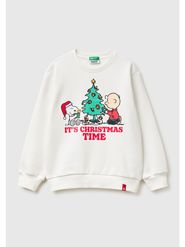 United Colors Of Benetton Erkek Çocuk Ekru Peanuts XMAS Baskılı Logo Etiketli Kabartmalı Ribanalı Sweatshirt